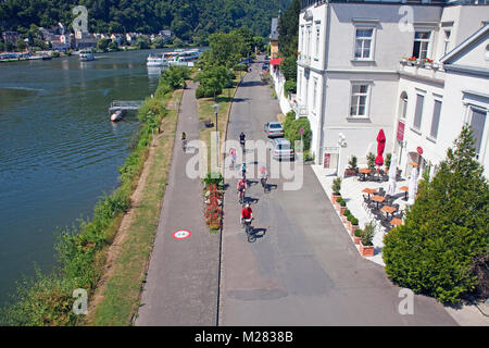 Group of cyclists on promenade at riverside,Traben, Traben-Trarbach, Moselle river, Rhineland-Palatinate, Germany, Europe Stock Photo