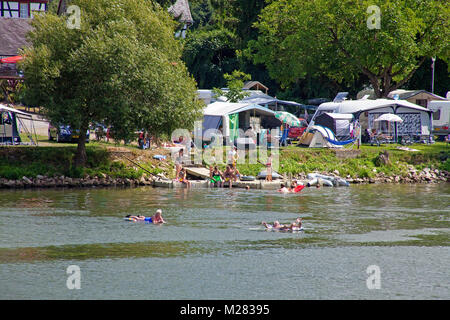 Camping ground at riverside, bathing in Moseller river, Wolf, Traben-Trarbach, Moselle river, Rhineland-Palatinate, Germany, Europe