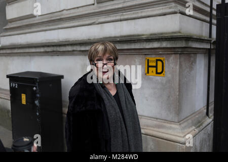 Veteran BBC journalist and broadcaster, Jenni Murray enters Downing Street to interview Prime Minister Theresa May about the Suffragette movement, on 5th February 2018, in London, England. Dame Jennifer Susan 'Jenni' Murray, DBE is an English journalist and broadcaster, best known for presenting BBC Radio 4's Woman's Hour. Murray was appointed Officer of the Order of the British Empire (OBE) for services to broadcasting in 1999 and Dame Commander of the Order of the British Empire (DBE) in the 2011 Birthday Honours. Stock Photo
