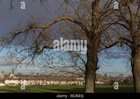 100 year-old ash trees bordering Ruskin Park and in the distance, Edwardian period homes and a London cityscape beyond, on 2nd February 2018, in south London, England. Stock Photo