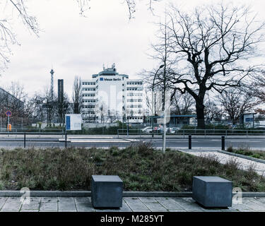 Berlin-Westend,Messe Berlin Modern white office building exterior & Funkturm at Berlin ExpoCenter City. Stock Photo