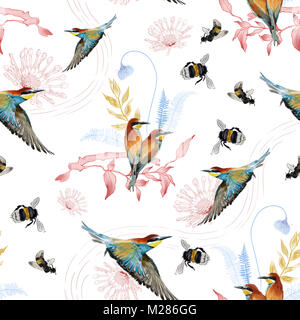 Seamless pattern of african bee eater on the tropical branches with leaves and flowers on white background, hand drawn. Stock Photo