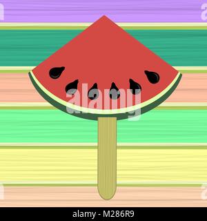 Fresh Slice of Watermelon on Colorful Wood Planks Background Stock Vector