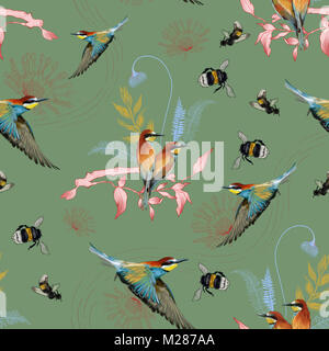 Seamless pattern of african bee eater on the tropical branches with leaves and flowers on green background, hand drawn. Stock Photo
