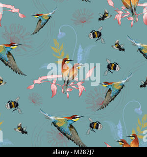 Seamless pattern of african bee eater on the tropical branches with leaves and flowers on blue background, hand drawn. Stock Photo