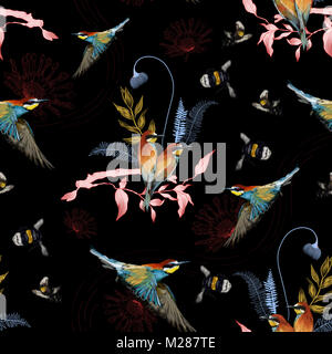 Seamless pattern of african bee eater on the tropical branches with leaves and flowers on black background, hand drawn. Stock Photo