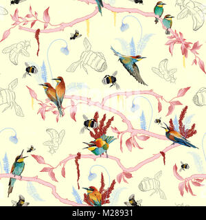 Seamless pattern of african bee eater on the tropical branches with leaves and flowers on white background, hand drawn. Stock Photo