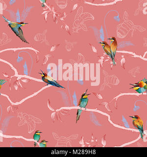 Seamless pattern of african bee eater on the tropical branches with leaves and flowers on pink background, hand drawn. Stock Photo