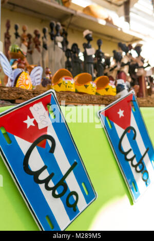 Traditional handcrafted vehicle registration plates like souvenirs for sale in Cienfuegos, Cuba. Stock Photo