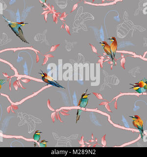 Seamless pattern of african bee eater on the tropical branches with leaves and flowers on grey background, hand drawn. Stock Photo