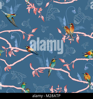 Seamless pattern of african bee eater on the tropical branches with leaves and flowers on blue background, hand drawn. Stock Photo