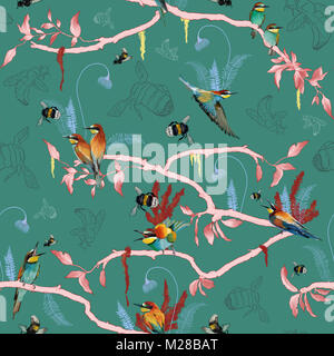 Seamless pattern of african bee eater on the tropical branches with leaves and flowers on green background, hand drawn. Stock Photo