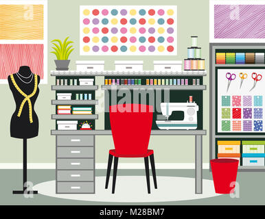 Seamstress's office. Dressmaker workspace. Sewing illustration II. Green tones. Stock Photo