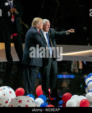 Cleveland, Ohio, USA, 21st, July, 2016 Republican candidates Donald Trump and  Mike Pence celebrate at the conclusion of the convention on stage at the Quicken Loans Arena, Stock Photo