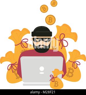 Hacker, laptop and bitcoin cryptocurrency robbery Stock Vector