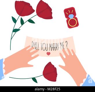 Female hands, will you marry me note and ring Stock Vector