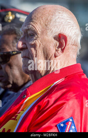 Frank Pully, a 1st Marine Division veteran, attends the unit's 77th anniversary ceremony at Marine Corps Base Camp Pendleton, Calif., Feb. 2, 2018. Division veterans, active duty Marines and Sailors participated in the ceremony, celebrating the oldest, largest and most decorated division in the Marine Corps. (U.S. Marine Corps Stock Photo
