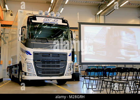 LIETO, FINLAND - APRIL 5, 2014: Volvo Trucks presents their new FH series as part of their new range at Volvo Trucks and Renault Trucks roadshow. Stock Photo