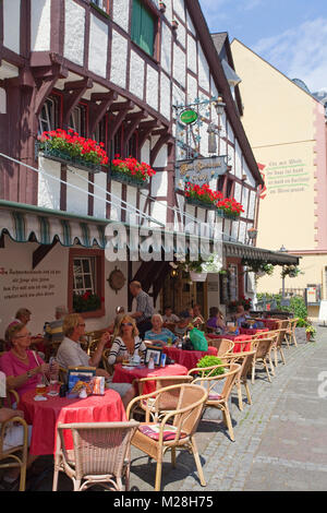 Outside gastronomy at half-timbered houses, historic old town of Bernkastel-Kues, Moselle river, Rhineland-Palatinate, Germany, Europe Stock Photo