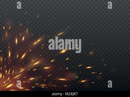 Glowing Red flying fire sparks. Fire Isolated on a black transparent background. Vector illustration. Stock Vector