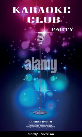 Neon glowing flyer with retro microphone and soft bokeh. Banner with lights effects for night club or karaoke party. Vector illustration Stock Vector