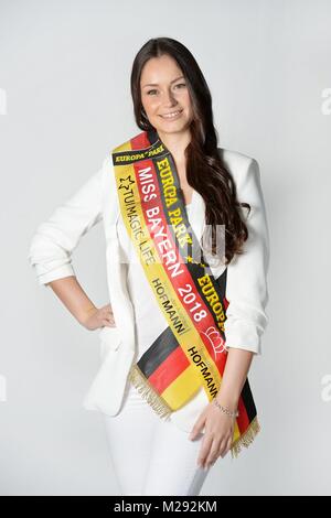 Rust, Germany. 03rd Feb, 2018. Sarah Zahn (Miss Bayern), candidate of 'Miss Germany' poses in Europa-Park in Rust, Germany, 03 February 2018. 'Miss Germany 2018' will be selected on 24 February 2018. Credit: Frank May | usage worldwide/dpa/Alamy Live News Stock Photo