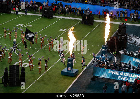 February 04, 2018 Philadelphia Eagles football team make their entrance onto the field prior to Super Bowl LII between the Philadelphia Eagles and New England Patriots at U.S. Bank Stadium in Minneapolis, MN. Charles Baus/CSM Stock Photo