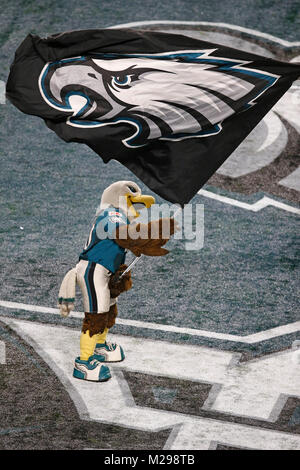 February 04, 2018 Philadelphia Eagles Mascot Swoop celebrates in the endzone during Super Bowl LII between the Philadelphia Eagles and New England Patriots at U.S. Bank Stadium in Minneapolis, MN. Charles Baus/CSM Stock Photo