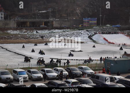 Hwacheon, Republic Of Korea. Jan. 22, 2018. Participants ice fishing on the frozen Hwacheon River during the annual Hwacheon Sancheoneo Ice Festival Stock Photo