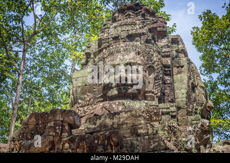 Giant stone face on an ancient temple in Angkor Wat, Siem Rep, Cambodia Stock Photo