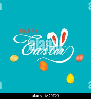 Hand sketched Happy Easter text with bunny ears and colored eggs. Useful as postcard, card, invitation, poster, banner template lettering typography. Stock Vector