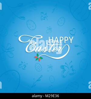 Happy Easter text with hand drawn decorative background. Useful as postcard, card, invitation, poster, banner template lettering typography. Stock Vector