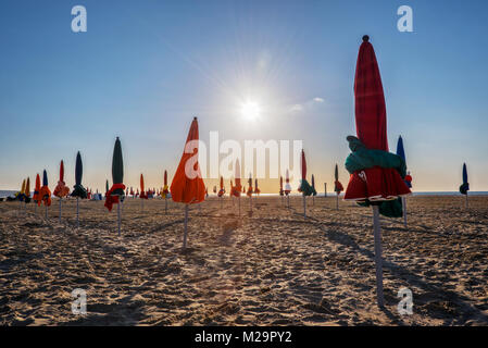 Colorful parasols on Deauville beach, France Stock Photo