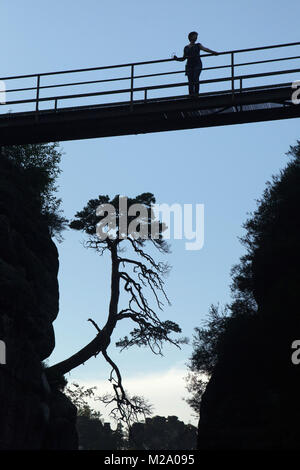 Visitor observes the landscapes from the foot bridge in the Neurathen Castle (Felsenburg Neurathen) next to the Bastei Bridge (Basteibrücke) in Saxon Switzerland (Sächsische Schweiz) in Saxony, Germany. Stock Photo