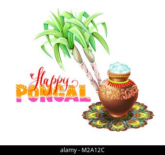 happy Pongal greeting card to south indian winter holiday design Stock Vector