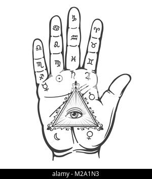Palmistry hand. Vintage hand drawn psychic hand with magic eye and alchemy signs isolated on white background, vector illustration Stock Vector