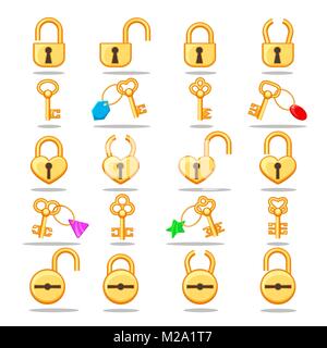 Locks and keys. Vector gold padlocks and various golden keys for lock and unlock icons isolated on white background Stock Vector