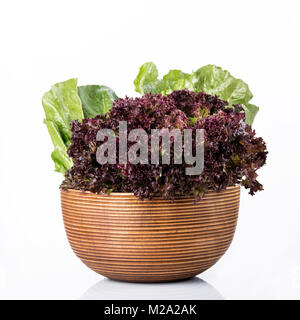 Vegetable: Fresh Red Leaf Lettuce and Green Romaine Lettuce in Brown Wooden Bowl Isolated on White Background Stock Photo