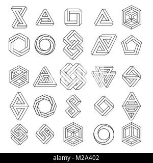 Graphic impossible shapes. Circle, square and triangle symbols with escher paradox impossible geometry geometric graphic, vector illustration Stock Vector