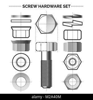 Bolt and nut set. Metal material bolts and steel nuts construction construction drawings vector illustration Stock Vector
