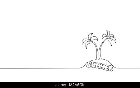 Single continuous line art coconut tree palm. Tropic paradise island landscape summer lettering design one sketch outline drawing vector illustration Stock Vector