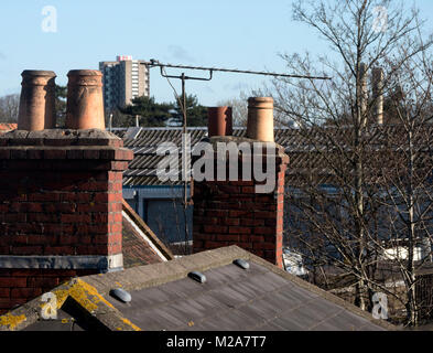 View of chimneys and rooftops with TV aerial, Southampton, Hampshire, England, United KIngdom Stock Photo