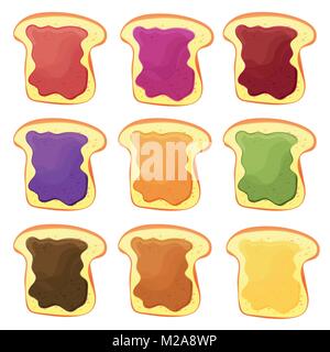 A set of nine sandwiches - chocolate, banana jelly, peanut butter, berries jelly Stock Vector