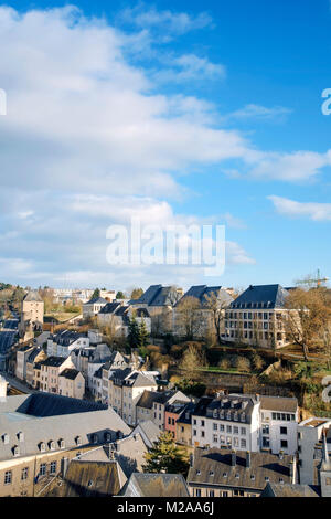 a view of the Grund Quarter in Luxembourg City, Luxembourg, with its typical houses with black slate roofs Stock Photo