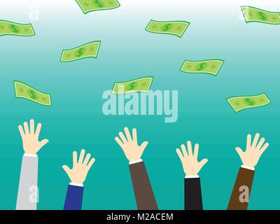 Vector Illustration Business Concept Designed As Businessmen Arms Are Reaching For Money Falling From The Sky. It Means Competition Among People. Stock Vector