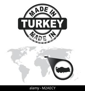 Made in Turkey stamp. World map with zoom on country. Vector emblem in flat style on white background. Stock Vector