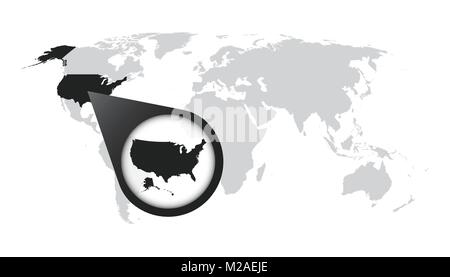 World map with zoom on USA. America map in loupe. Vector illustration in flat style Stock Vector