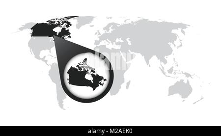 World map with zoom on Canada. Map in loupe. Vector illustration in flat style Stock Vector