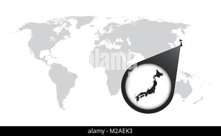 World map with zoom on Japan. Map in loupe. Vector illustration in flat style Stock Vector