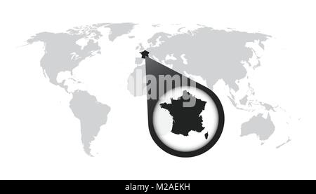 World map with zoom on France. Map in loupe. Vector illustration in flat style Stock Vector
